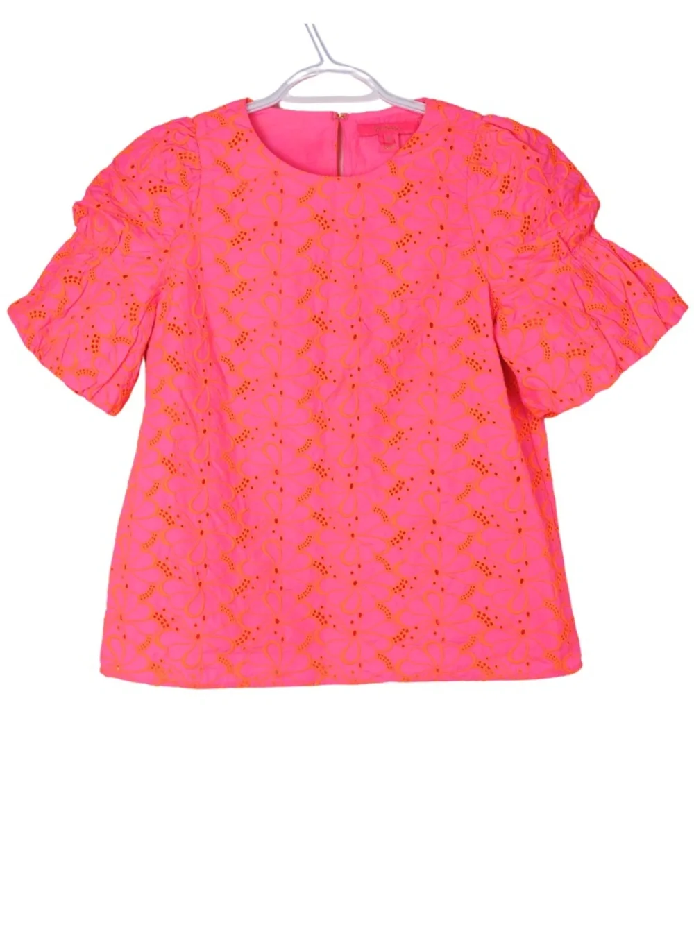 Lilly Pulitzer Blouse XS Neon Pink Orange Floral Eyelet Puff Sleeve Top
